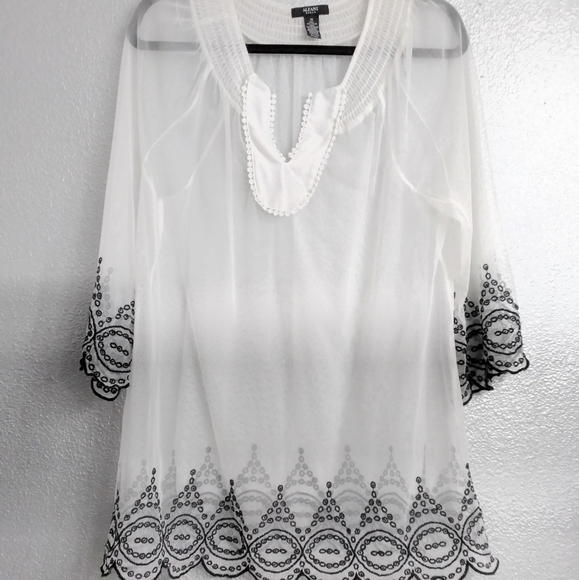 Alfani Sheer White Blouse/Tunic With Black Embroidery  Size 1X - Picture 1 of 4